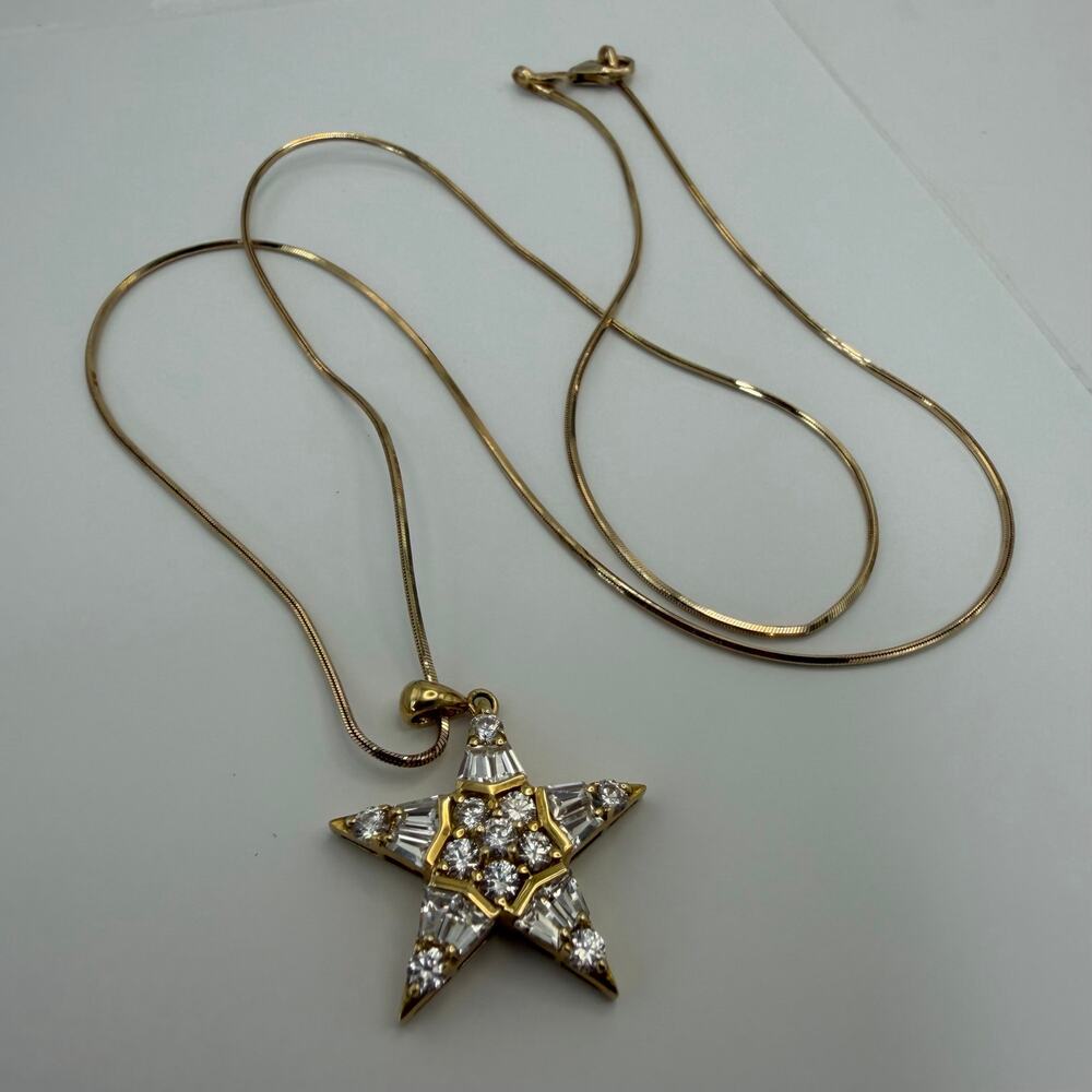 14K Yellow Gold Star Pendant Necklace Round Baguette CZ Snake Chain 17" 6.44g